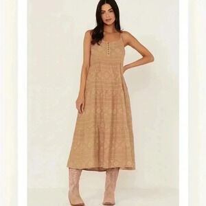 CLEO + WOLF WOMEN'S TIERED MIDI Beige/Khaki DRESS Size L